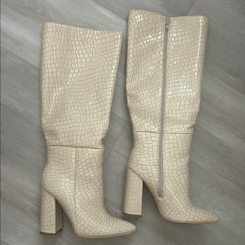 Nasty Gal Cream Croc-Embossed Heeled Boots